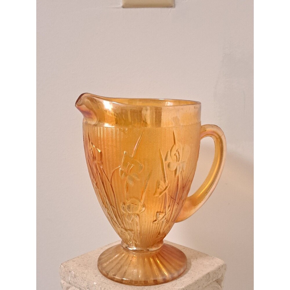 Vintage 1950s Jeanette Glass Iris Harringbone Marigold Carnival Footed Glass